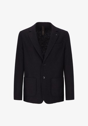 Blazer nero da uomo con rever a notched, due tasche a toppa anteriori, una tasca sul petto e due bottoni frontali.