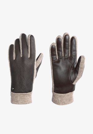 Braune Lederhandschuhe mit einem hellbeigen gestrickten Bündchen, das eine glatte Textur und ein dezentes Nähdetail aufweist, entworfen für Wärme und Komfort.