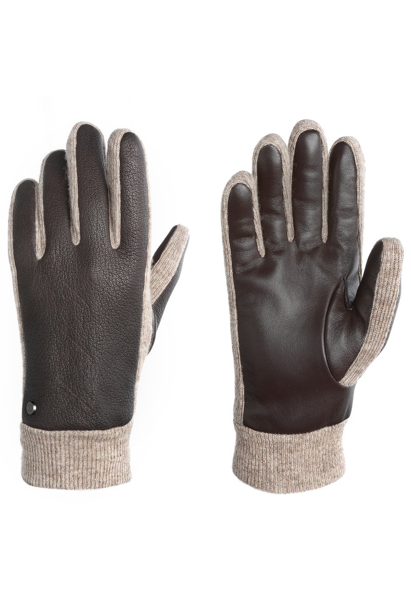 Brune læderhandsker med en lys beige strikket manchet, der har en glat tekstur og en subtil sømdetalje, designet til varme og komfort.