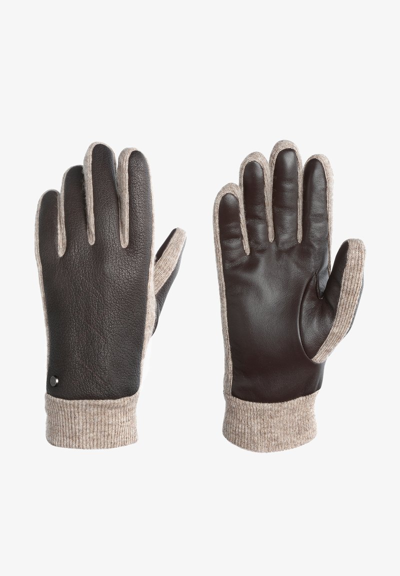 Guanti in pelle marrone con un polsino lavorato a maglia di un beige chiaro, caratterizzati da una texture liscia e un sottile dettaglio di cucitura, progettati per calore e comfort.