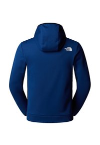 Navyblauwe hoodie van zacht materiaal; voorzien van een capuchon, lange mouwen en een logo aan de voorkant. Gladde textuur met een fitted design.
