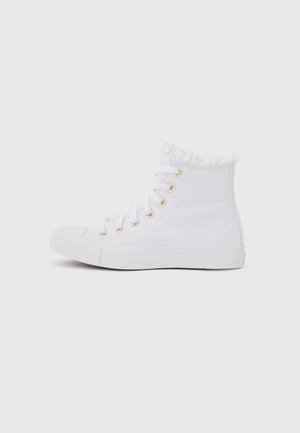 White high-top sneaker with frayed fabric trim, white laces through gold eyelets, and rubber sole and toe cap.