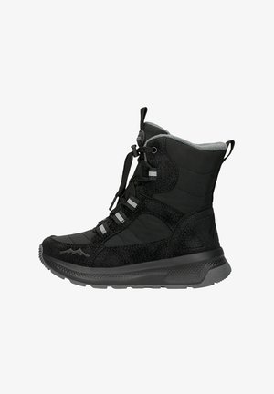 Stivale nero a metà polpaccio, realizzato in un mix di tessuto liscio e testurizzato, con lacci rotondi e una fodera grigia imbottita. Suola in gomma con battistrada a motivo.