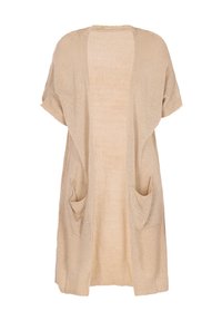Cardigan beige aperto con maniche corte, due tasche frontali, texture morbida e vestibilità ampia e rilassata. Tessuto a maglia leggero.