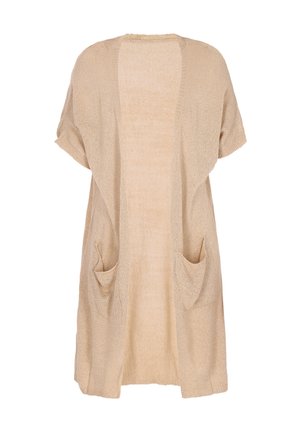 Beige nyitott kardigán rövid ujjakkal, két elülső zsebbel, puha textúrával és laza, kényelmes szabással. Könnyű kötött anyag.