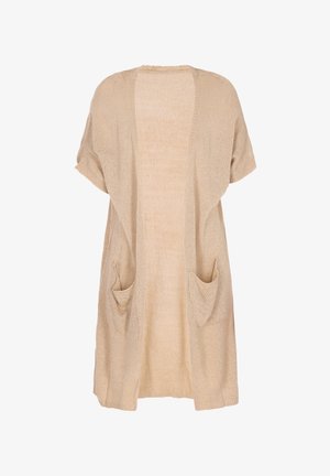 Beige nyitott kardigán rövid ujjakkal, két elülső zsebbel, puha textúrával és laza, kényelmes szabással. Könnyű kötött anyag.