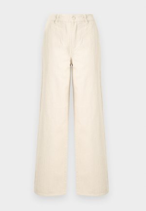 Κρεμ παντελόνι με φαρδιά μπατζάκια και ψηλή μέση, με κάθετες ραμμένες ρίγες και κούμπωμα με κουμπιά στο μπροστινό μέρος της μέσης.