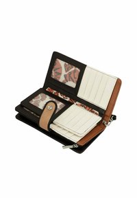 Braune und schwarze bifold Geldbörse mit einem cremefarbenen Innenraum. Verfügt über Kartenfächer, eine Reißverschlusstasche und transparente Ausweisfächer. Sichtbare strukturierte Akzente.