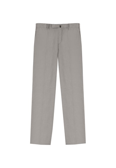 Pantaloni grigi chiari realizzati in un tessuto texturizzato, caratterizzati da due cuciture frontali, un taglio dritto e una vita con passanti per la cintura.