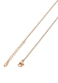 Rózsaarany lánc nyaklánc összefonódó láncszemekkel, homárcsattal és egy hosszúkás ovális díszítéssel a végén.