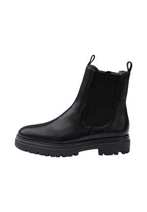 Black leather Chelsea boot with elastic side panel, pull tabs at top, thick lug sole, and smooth rounded toe.
