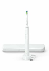 Spazzolino elettrico con manico bianco, testina con setole verdi e blu, include una base di ricarica e un astuccio bianco.