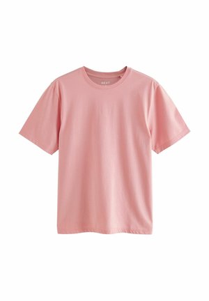 Helles rosa Baumwoll-T-Shirt mit kurzen Ärmeln, rundem Halsausschnitt und geradem Saum. Es hat eine weiche, glatte Textur und keine Muster.