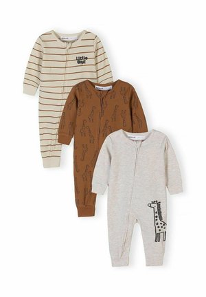 Trzy niemowlęce body z długim rękawem: beżowe w brązowe paski z napisem "MAŁY", brązowe z nadrukiem żyrafy oraz jasnoszare z grafiką żyrafy na nogawce.