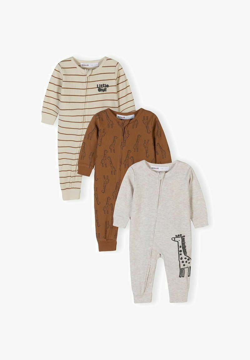 Trois grenouillères bébé à manches longues : beige avec des rayures marron et le texte "LITTLE ONE", marron avec un imprimé girafe, et gris clair avec un graphique de girafe sur la jambe.