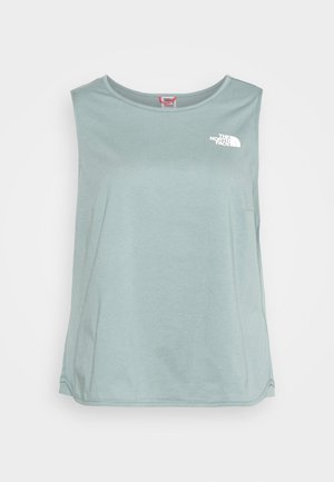 Lichtgroene mouwloze top van zachte stof. Heeft een ronde halslijn en een klein wit logo aan de bovenste linkerkant.