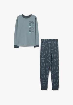 Katoenen pyjamorset met een lichtblauw langwerpig bovenstuk met de tekst "Tijd voor Ontbijt" en donkerblauwe broeken met patronen van ontbijticonen.