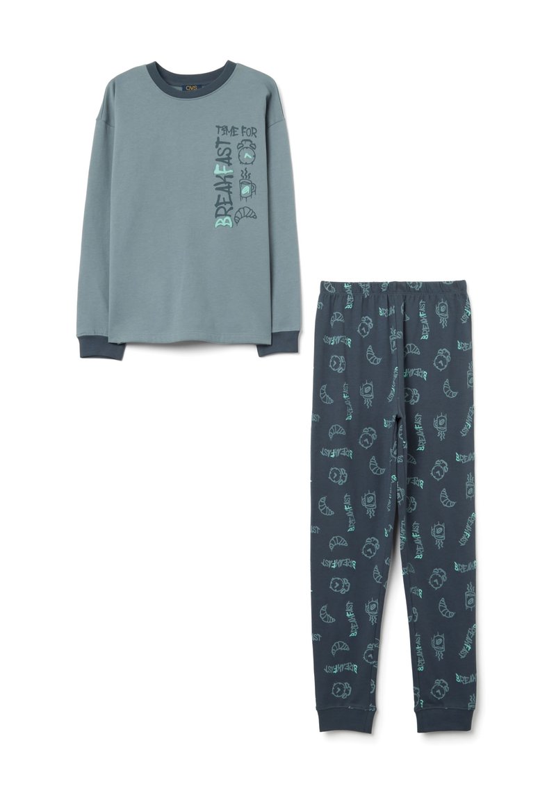 Conjunto de pijama de algodón que incluye una parte superior de manga larga de color azul claro con el texto "Hora del Desayuno" y pantalones de color azul oscuro con un patrón de iconos de desayuno.