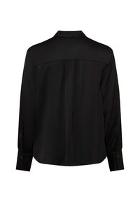 Blusa nera a maniche lunghe con colletto, texture liscia, cucitura a yoke sul retro, dettaglio plissettato e polsini con bottone. Design semplice e classico.