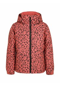 Veste rembourrée rose avec un motif à taches noires, fermeture zippée, capuche ajustable et poignets élastiques. Fini texturé avec des coutures horizontales.