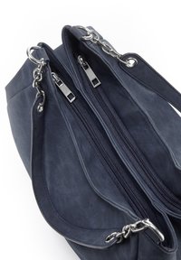 Navy blue leather handbag with two zippered compartments, silver metal hardware, and a double handle with a chain accent.