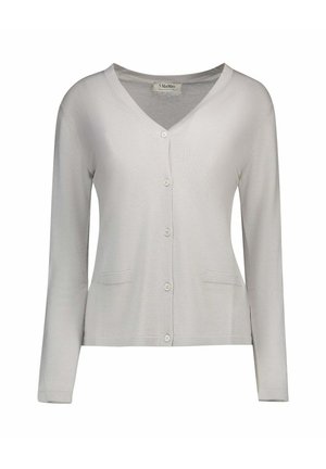 Cardigan gris clair à col en V, manches longues, cinq boutons sur le devant et deux petites poches avant.