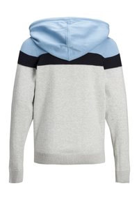 Felpa con cappuccio caratterizzata da un corpo grigio, cappuccio azzurro e striscia blu navy sulle spalle. Realizzata in un morbido tessuto testurizzato con polsini a costine.