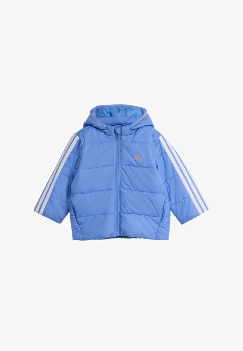 Light blue puffer jacket with a hood, featuring white three-stripe accents on the sleeves and a front zip closure.