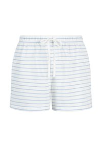 Witte en lichtblauwe gestreepte shorts met een zachte textuur, elastische tailleband en verstelbare trekkoord. Ontworpen voor comfort en ontspanning.