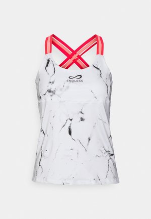 Hvid atletisk tanktop med sort marmormønster, røde krydsede stropper og "ENDLESS" logo på brystet.
