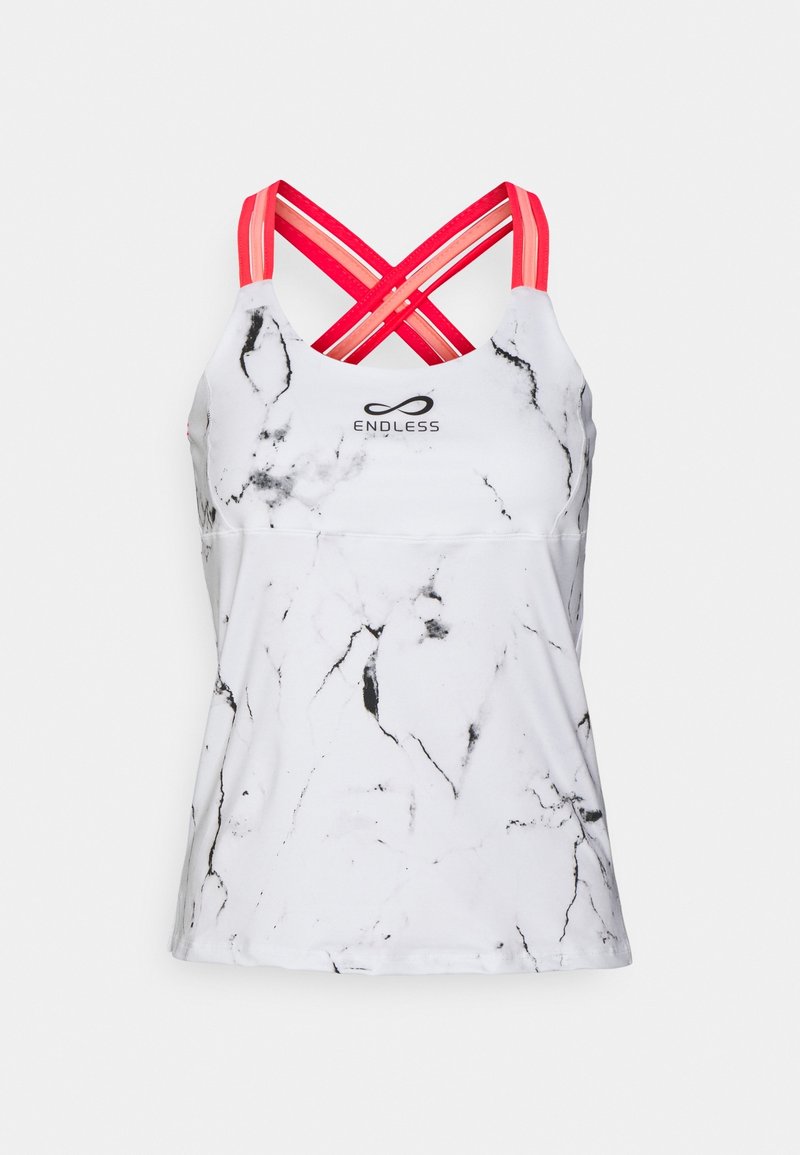 Débardeur de sport blanc avec motif marbre noir, bretelles croisées rouges et logo "ENDLESS" sur la poitrine.