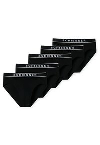 Schwarze Baumwollslips mit einem weißen, markierten Bündchen. Fünf ähnliche Paare in einer Reihe angeordnet, mit glattem Material und klassischem Schnitt.