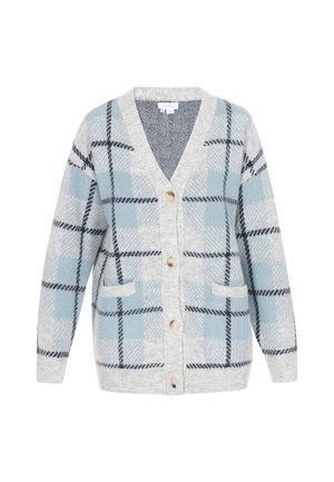 Helehall kardigan V-kaelusega, millel on sinine ja valge ruuduline muster, puidust nöörid ja eestaskud. Pehme, tekstureeritud kangas.