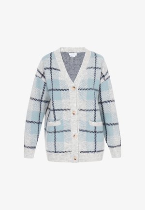 Svetlo sivi cardigan z V-izrezom, opremljen modro-bež karirastim vzorcem, lesenimi gumbi in sprednjimi žepi. Mehka, teksturirana tkanina.