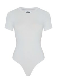 Biała bodysuit z krótkim rękawem o dopasowanym kroju, gładkiej fakturze, okrągłym dekolcie i wycięciu w stylu thong. Miękka tkanina, bezszwowa konstrukcja.