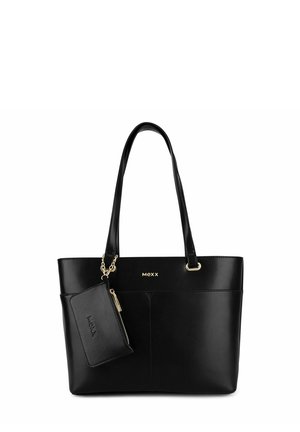 Sac cabas en cuir noir avec longues anses et petite pochette zippée attachée, avec des ferrures dorées et le nom de la marque "MEXX" en lettres dorées.