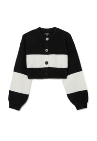 Cardigan court à rayures noires et blanches. Matériau en tricot, col rond et fermeture à boutons avec quatre boutons noirs à l'avant.