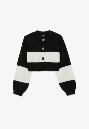 Cardigan accorciato a righe bianche e nere. Materiale lavorato a maglia, colletto rotondo e chiusura con bottoni, quattro bottoni neri davanti.