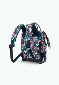 Floral backpack with a dark background, featuring red and green plants. Adjustable straps and a zippered pocket on the side. Textured material.