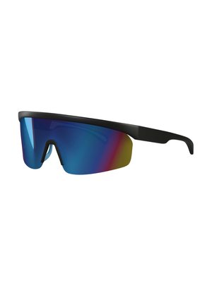 Sport-Sonnenbrille mit schwarzem Rahmen, einer einzelnen blauen verspiegelten Linse und Nasensteg, für den aktiven Outdoor-Einsatz konzipiert.