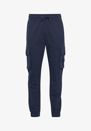 Pantalones de chándal cargo azul marino con cintura elástica y cordón, que cuentan con dos bolsillos laterales y puños acanalados. Tela suave de mezcla de algodón.