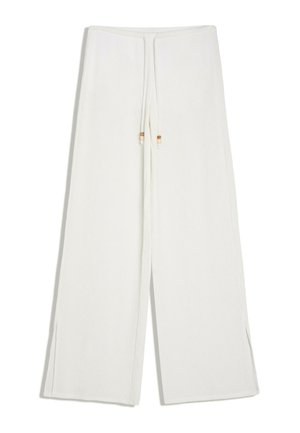 Pantalon blanc à jambes larges avec une taille à cordon dotée de petits détails en perles aux extrémités.