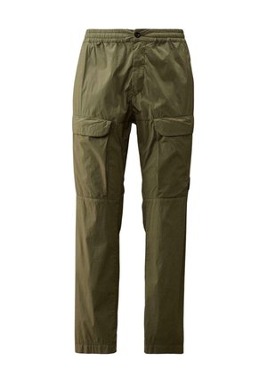 Pantaloni cargo verde oliva con vita elasticizzata, chiusura con bottone e multiple tasche laterali. Realizzati in un tessuto leggero e liscio.