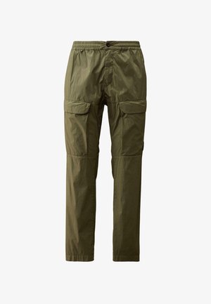Pantaloni cargo verde oliva con vita elasticizzata, chiusura con bottone e multiple tasche laterali. Realizzati in un tessuto leggero e liscio.