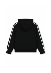 Haut à capuche noir avec cordon de serrage, présentant des rayures blanches sur les côtés. Fabriqué en tissu doux, il possède des poignets et un ourlet côtelés pour un ajustement confortable.