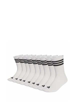 Ten pairs of white crew socks with two black stripes near the top and a black logo on the toes, arranged in a row.