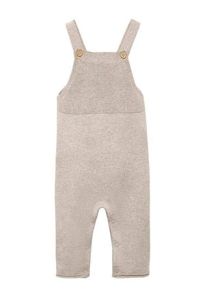 Beige strikket babydragt med knappede skulderstropper og trykknapper langs skridtet for nem bleskift.