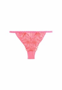 Pink sheer thong with floral embroidery, featuring a scalloped elastic waistband and a seamless fit. Smooth fabric texture and delicate design.