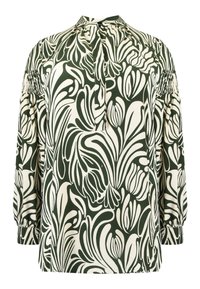 Blusa a maniche lunghe con stampa botanica verde e bianca, caratterizzata da un collo alto e dettagli arricciati sulle maniche. Realizzata in tessuto leggero.