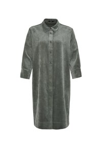 Robe-chemise longue grise à boutons avec manches trois-quarts et col pointu, en tissu doux texturé.